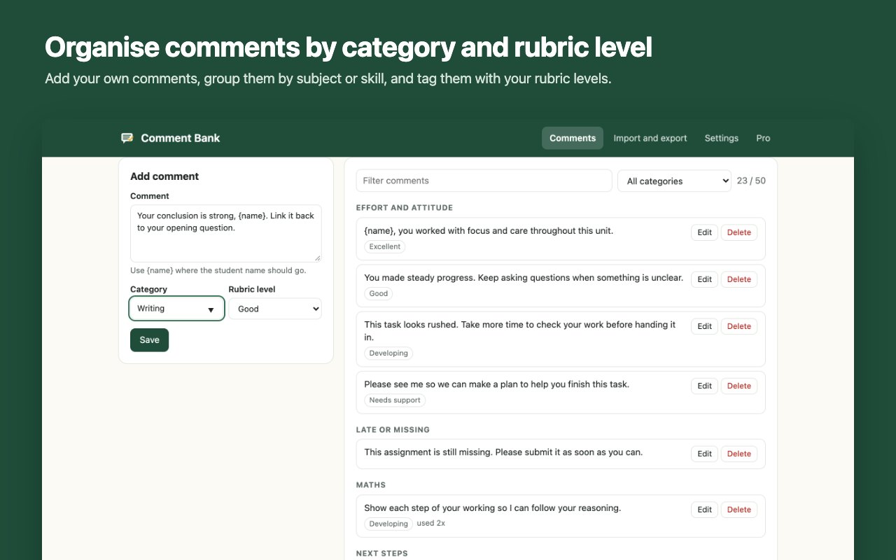 Manage page with comments grouped by category and tagged with rubric levels