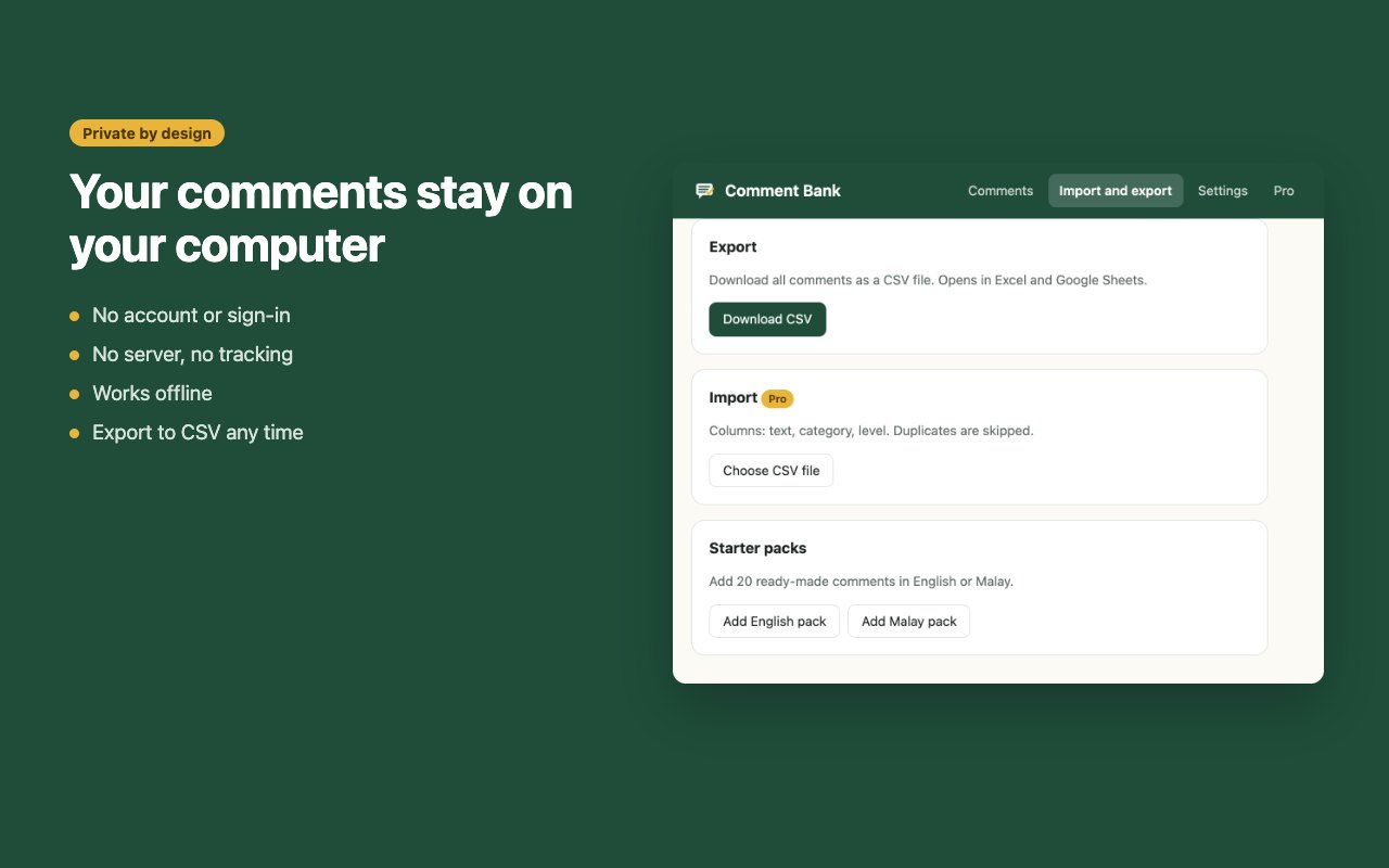 Import and export page with CSV download