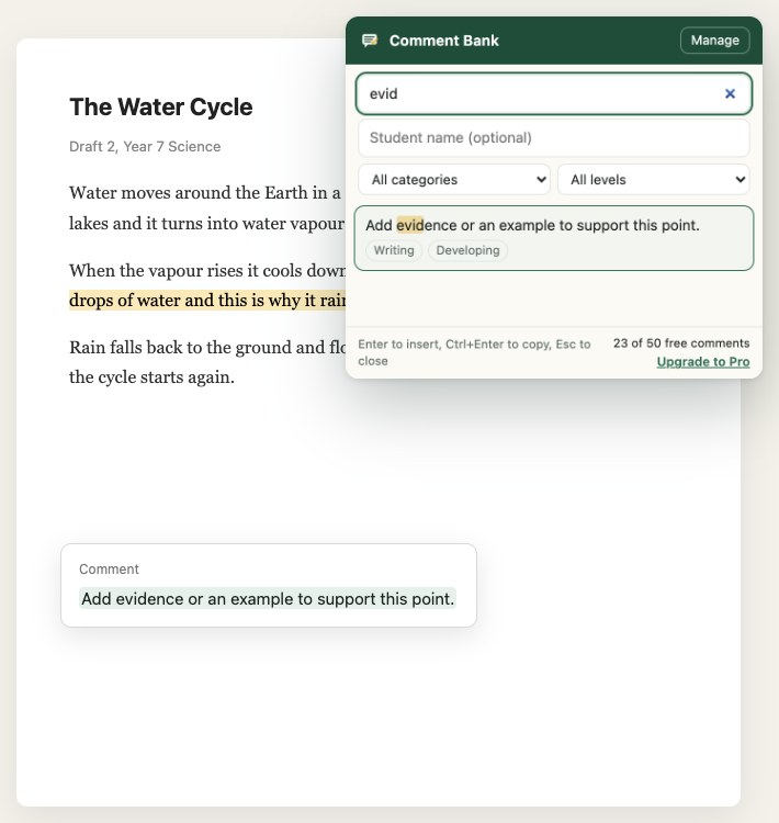 The Comment Bank picker open over a student essay, with a saved comment inserted in the comment box